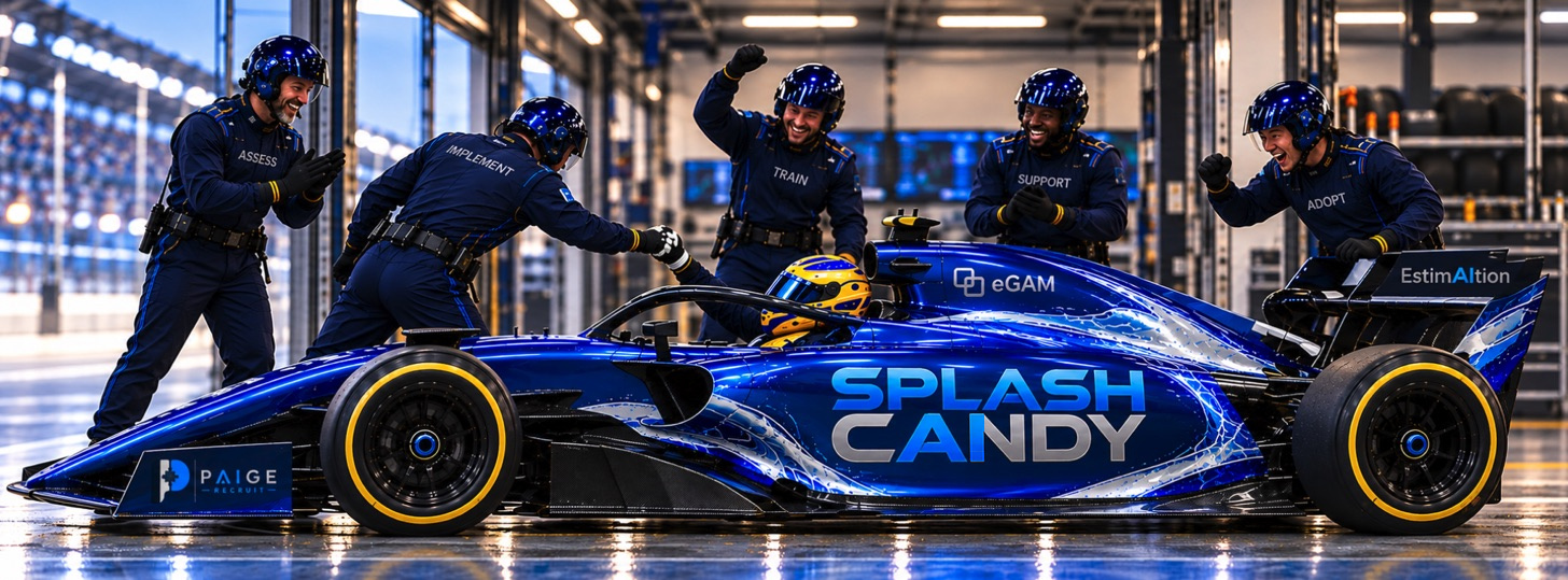 Blue SplashCandy car and celebrating service crew: Assess, Implement, Train, Support and Adopt. The approved SplashCandy AI overlay appears on the side.