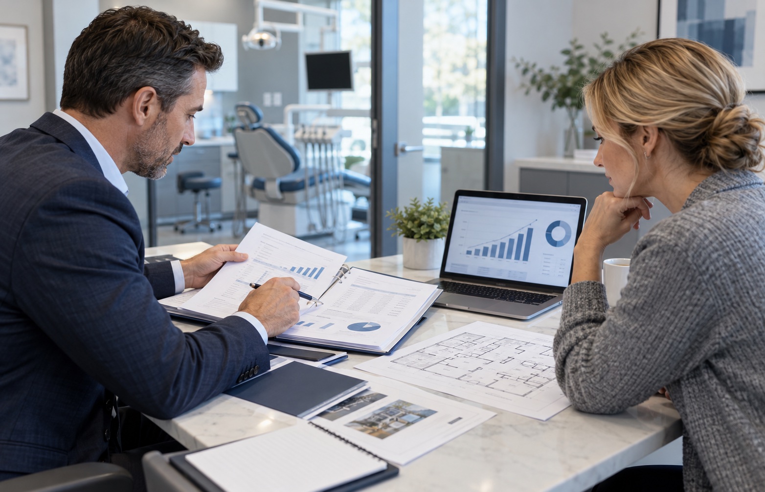 Broker and practice owner reviewing valuation documents in a dental office