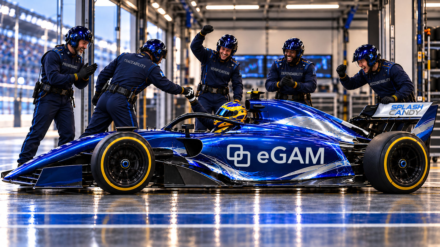 Blue eGAM car with the approved interlocking-boxes mark and lowercase e. The crew wear Provenance, Traceability, Verification, Defendability and Accountability.